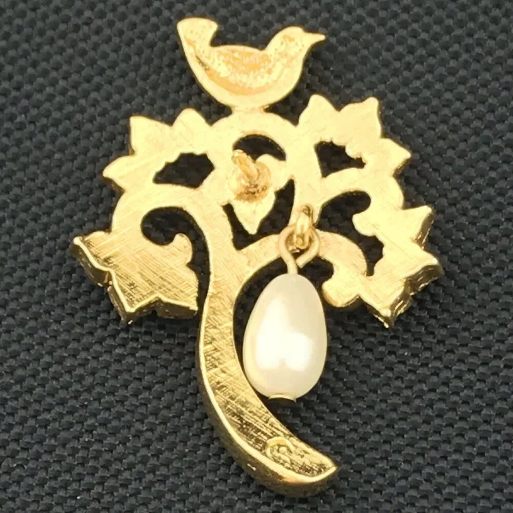 Bird On Tree Dangle Fruit Good Tone Pin Brooch Marked